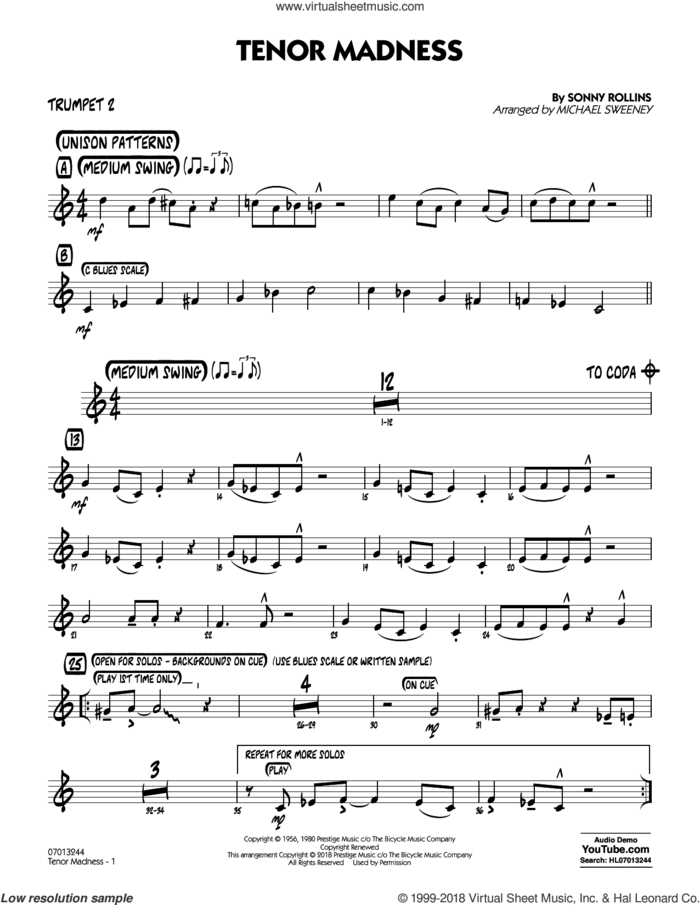 Tenor Madness  (arr. Michael Sweeney) sheet music for jazz band (trumpet 2) by Sonny Rollins, intermediate skill level