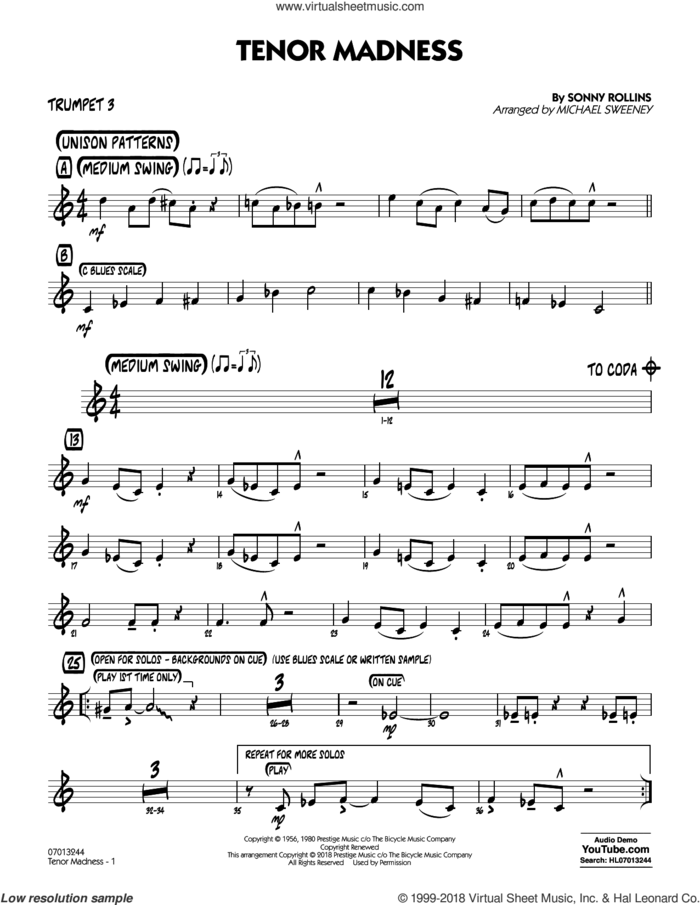 Tenor Madness  (arr. Michael Sweeney) sheet music for jazz band (trumpet 3) by Sonny Rollins, intermediate skill level