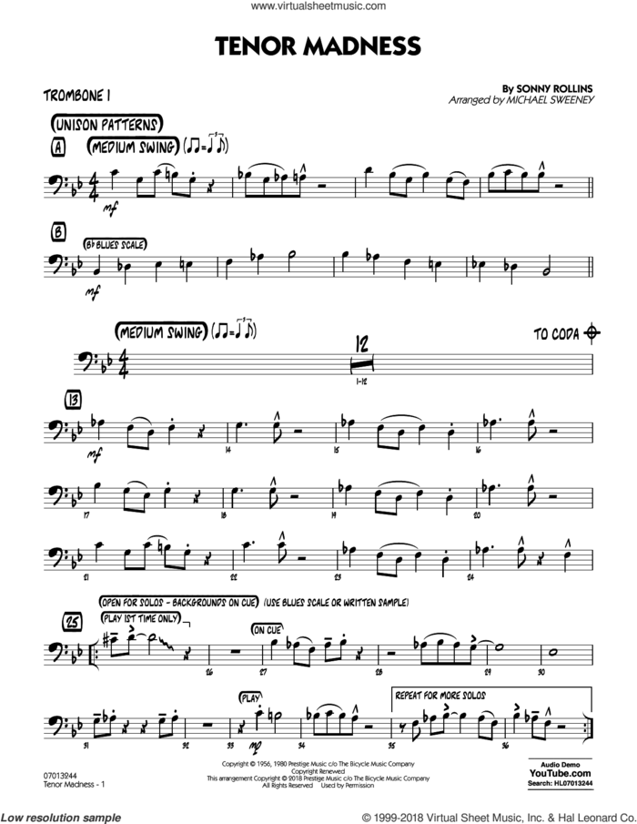 Tenor Madness  (arr. Michael Sweeney) sheet music for jazz band (trombone 1) by Sonny Rollins, intermediate skill level