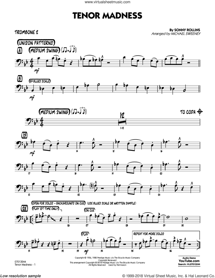 Tenor Madness  (arr. Michael Sweeney) sheet music for jazz band (trombone 2) by Sonny Rollins, intermediate skill level
