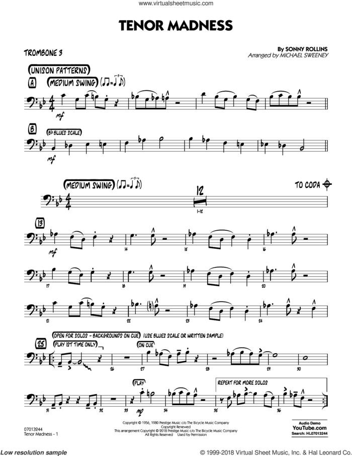 Tenor Madness  (arr. Michael Sweeney) sheet music for jazz band (trombone 3) by Sonny Rollins, intermediate skill level