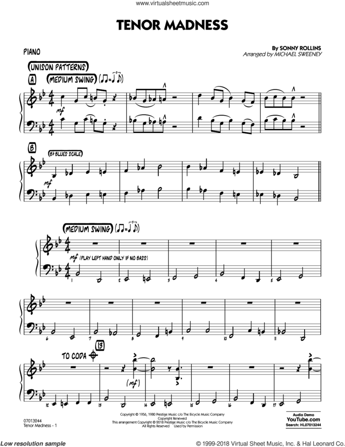 Tenor Madness  (arr. Michael Sweeney) sheet music for jazz band (piano) by Sonny Rollins, intermediate skill level