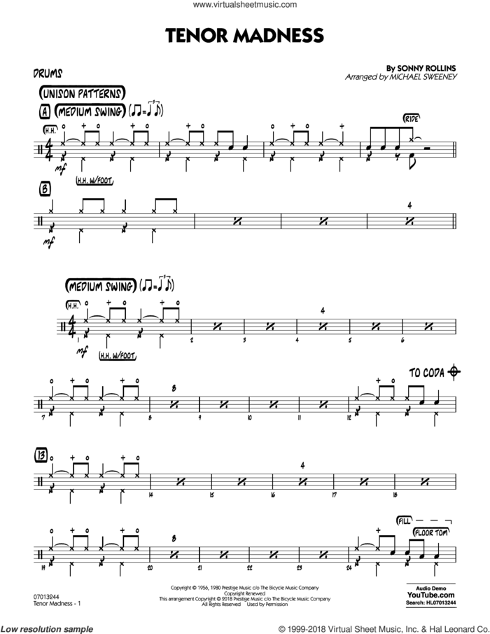 Tenor Madness  (arr. Michael Sweeney) sheet music for jazz band (drums) by Sonny Rollins, intermediate skill level