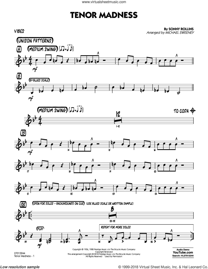 Tenor Madness  (arr. Michael Sweeney) sheet music for jazz band (vibes) by Sonny Rollins, intermediate skill level