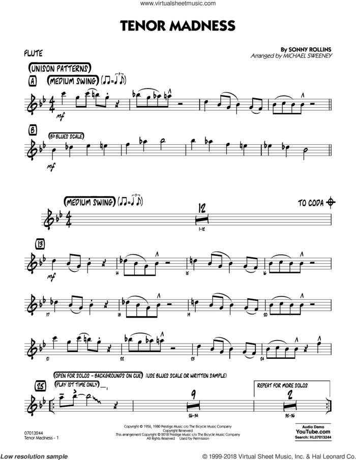 Tenor Madness  (arr. Michael Sweeney) sheet music for jazz band (flute) by Sonny Rollins, intermediate skill level