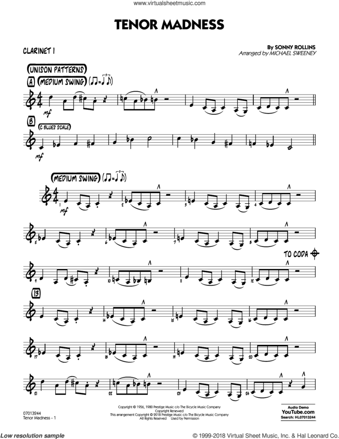 Tenor Madness  (arr. Michael Sweeney) sheet music for jazz band (Bb clarinet 1) by Sonny Rollins, intermediate skill level