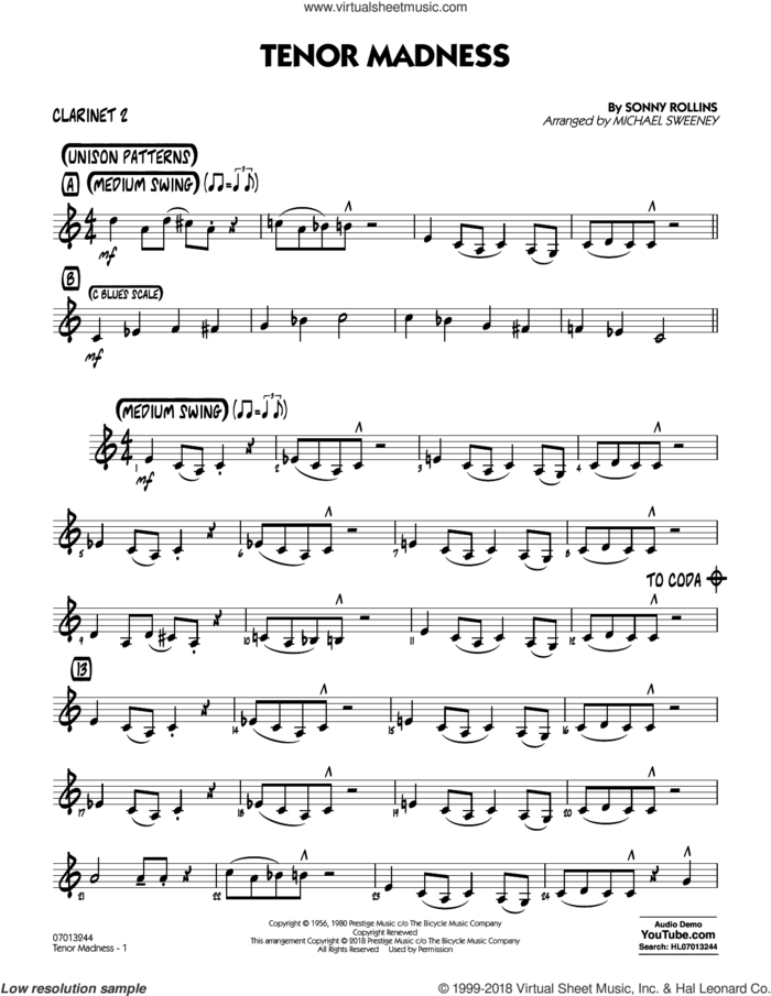 Tenor Madness  (arr. Michael Sweeney) sheet music for jazz band (Bb clarinet 2) by Sonny Rollins, intermediate skill level