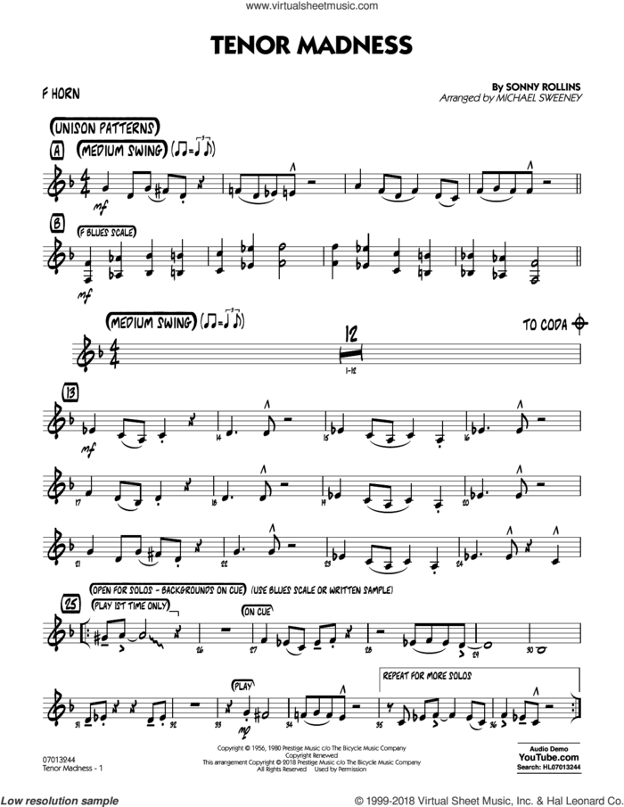 Tenor Madness  (arr. Michael Sweeney) sheet music for jazz band (f horn) by Sonny Rollins, intermediate skill level