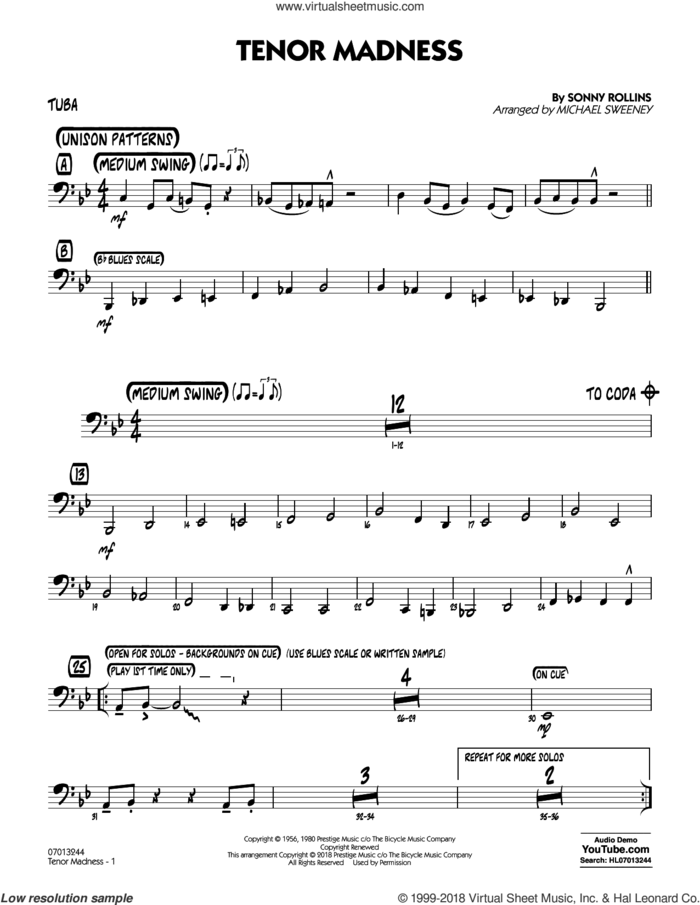 Tenor Madness  (arr. Michael Sweeney) sheet music for jazz band (tuba) by Sonny Rollins, intermediate skill level