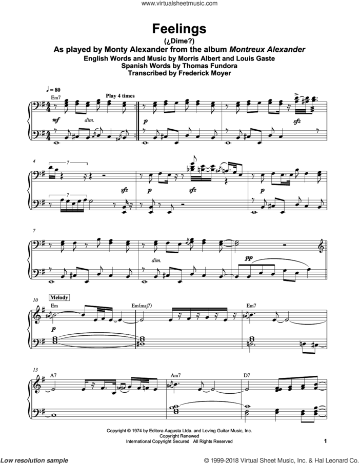 Feelings (Dime) sheet music for piano solo (transcription) by Morris Albert, Frederick Moyer, Julio Iglesias, Louis Gaste and Thomas Fundora, intermediate piano (transcription)