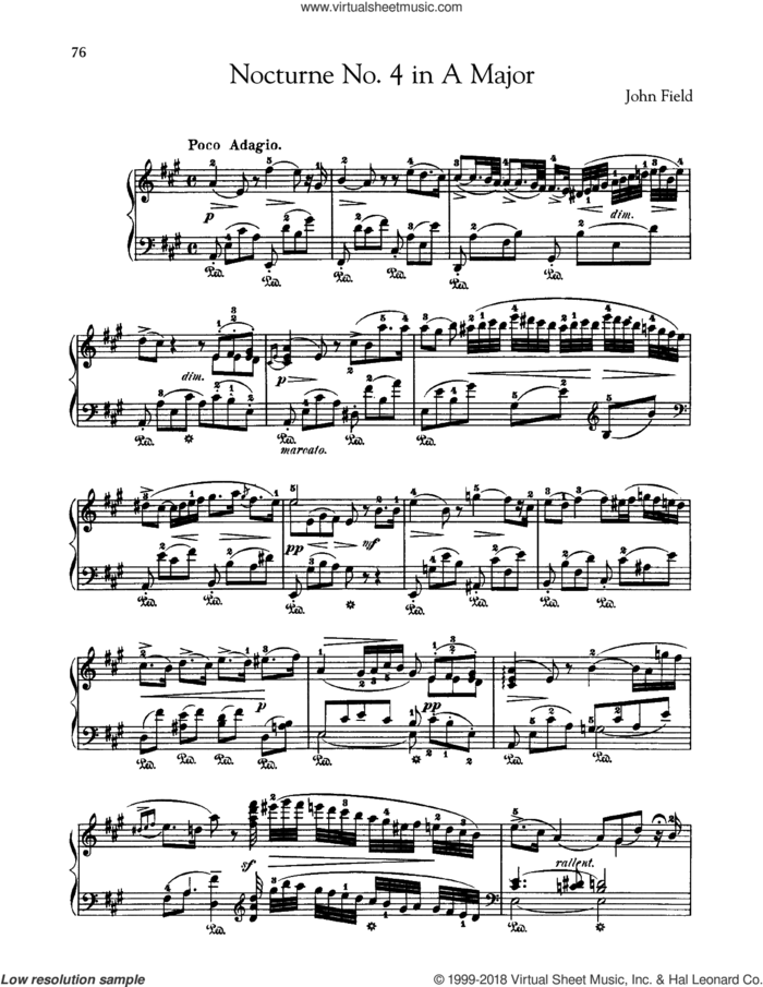 Nocturne No. 4 In A Major, H. 36 sheet music for piano solo by John Field, classical score, intermediate skill level