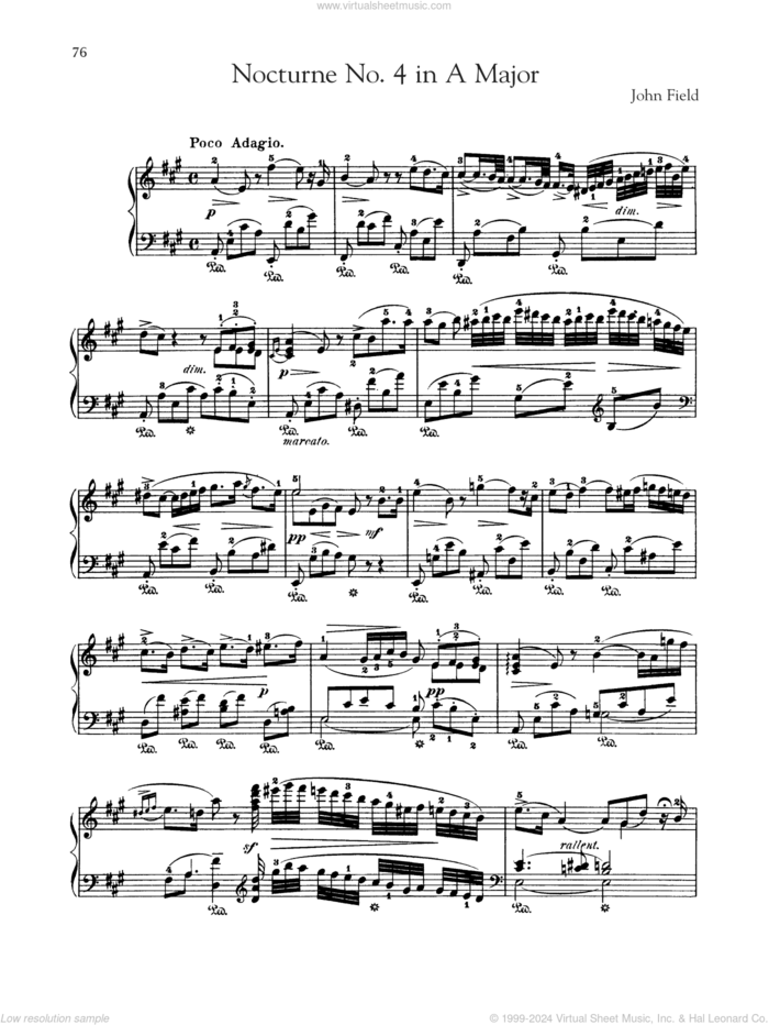 Nocturne No. 4 In A Major, H. 36 sheet music for piano solo by John Field, classical score, intermediate skill level