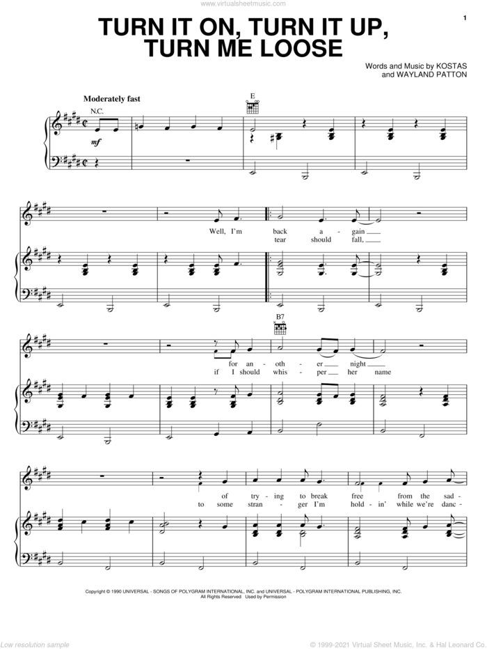 Turn It On, Turn It Up, Turn Me Loose sheet music for voice, piano or guitar by Dwight Yoakam, Kostas and Wayland Patton, intermediate skill level