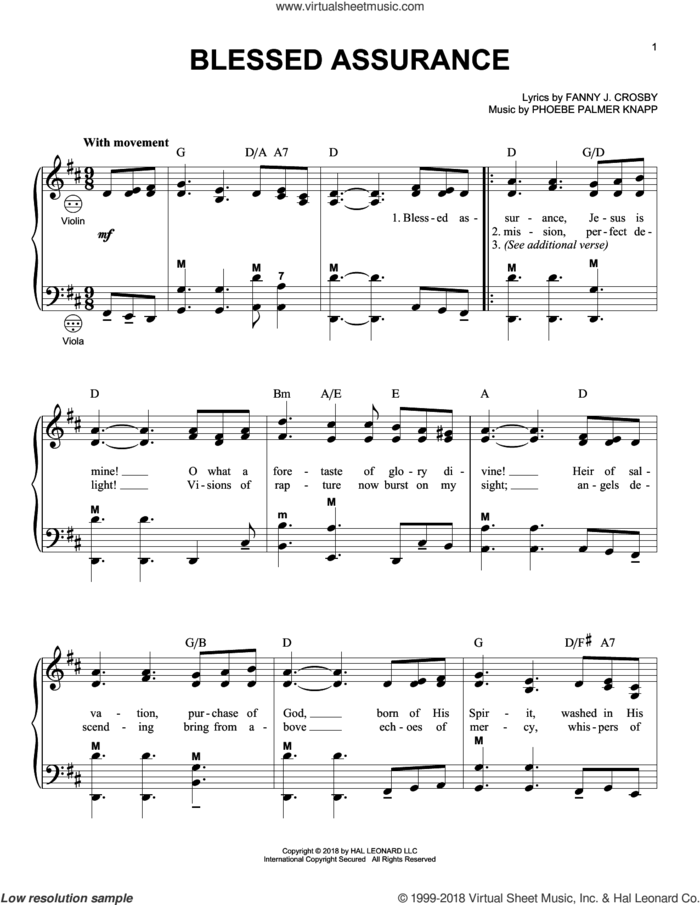 Blessed Assurance sheet music for accordion by Fanny J. Crosby, Gary Meisner and Phoebe Palmer Knapp, intermediate skill level