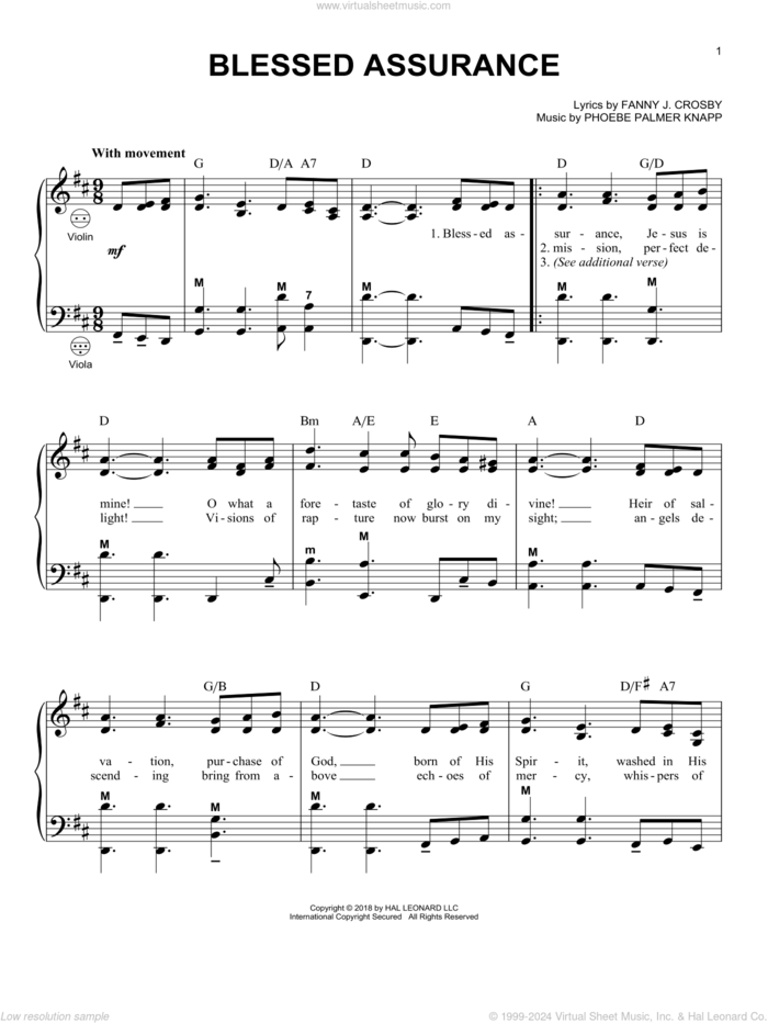 Blessed Assurance sheet music for accordion by Fanny J. Crosby, Gary Meisner and Phoebe Palmer Knapp, intermediate skill level