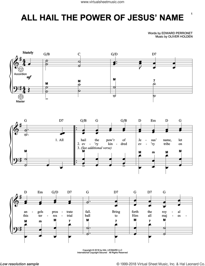 All Hail The Power Of Jesus' Name sheet music for accordion by John Rippon, Gary Meisner, Edward Perronet and Oliver Holden, intermediate skill level