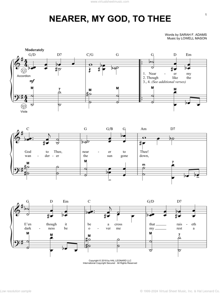 Nearer, My God, To Thee sheet music for accordion by Lowell Mason, Gary Meisner, Genesis 28:10-22 and Sarah F. Adams, intermediate skill level