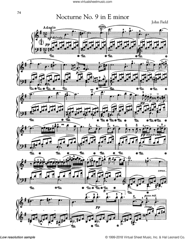 Nocturne No. 9 In E Minor, H. 46 sheet music for piano solo by John Field, classical score, intermediate skill level