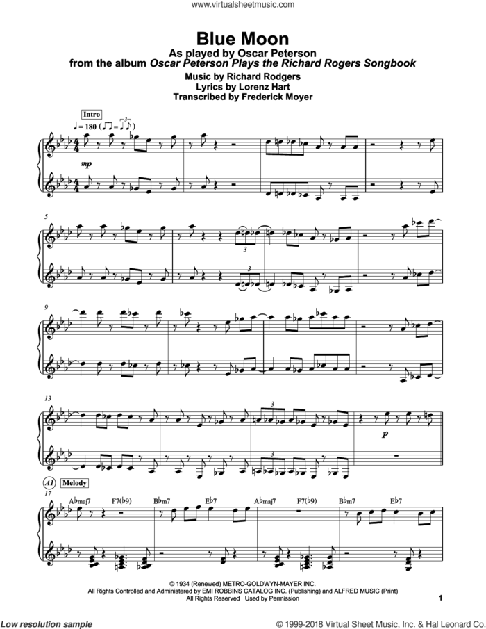 Blue Moon sheet music for piano solo (transcription) by Richard Rodgers, Frederick Moyer, Elvis Presley, The Marcels, Lorenz Hart and Rodgers & Hart, intermediate piano (transcription)