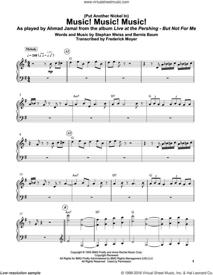 (Put Another Nickel In) Music! Music! Music! sheet music for piano solo (transcription) by Bernie Baum, Frederick Moyer and Stephen Weiss, intermediate piano (transcription)
