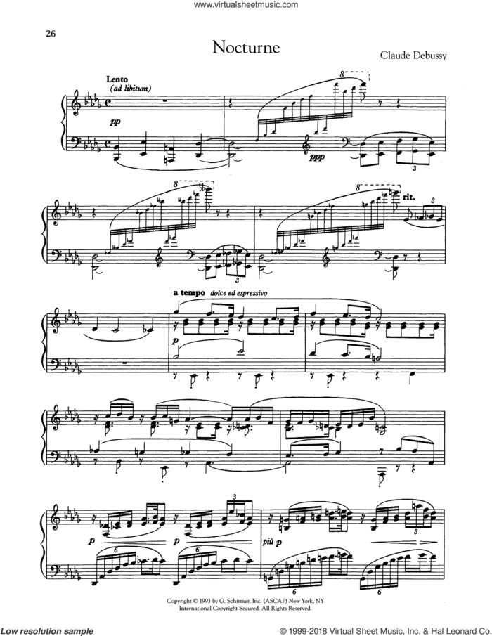 Nocturne sheet music for piano solo by Claude Debussy, classical score, intermediate skill level