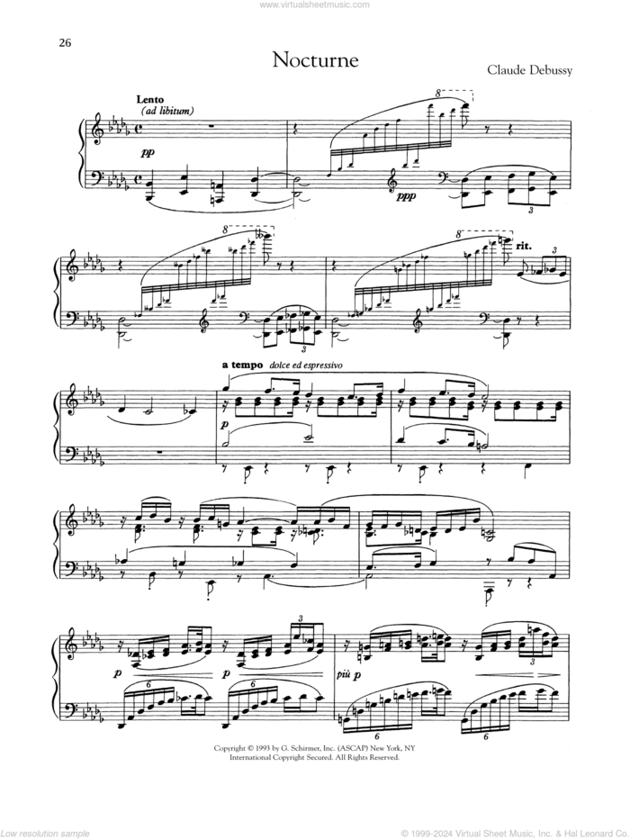 Nocturne sheet music for piano solo by Claude Debussy, classical score, intermediate skill level