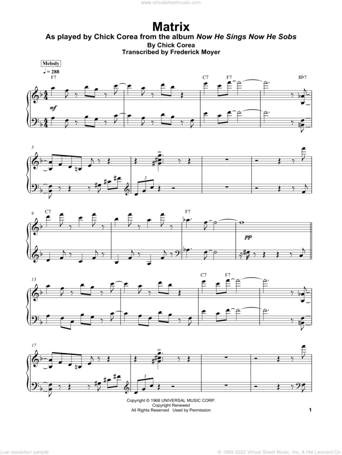 Matrix sheet music for piano solo (transcription) by Chick Corea and Frederick Moyer, intermediate piano (transcription)