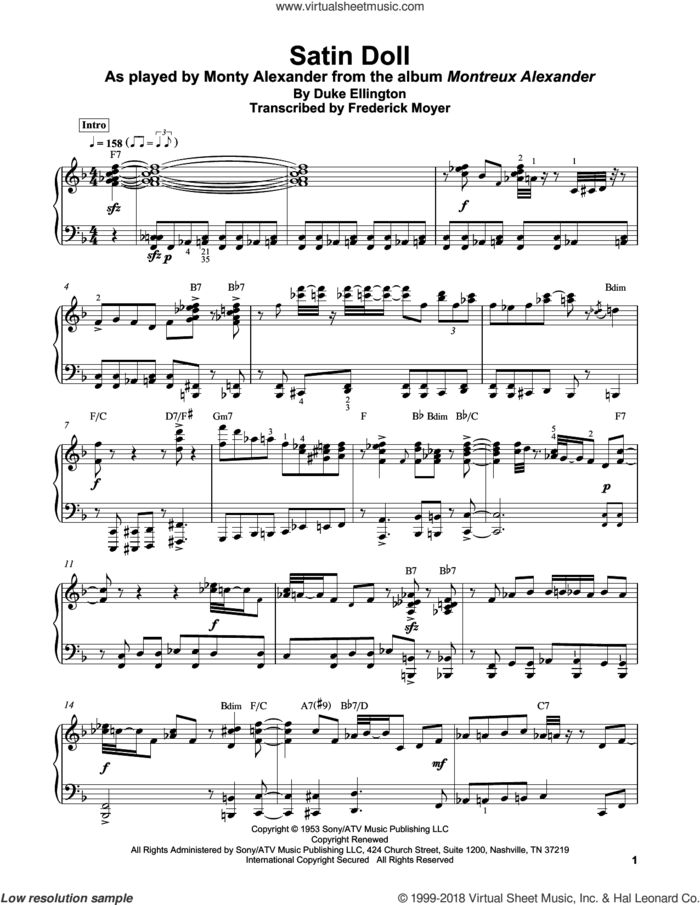Satin Doll sheet music for piano solo (transcription) by Johnny Mercer, Frederick Moyer, Billy Strayhorn and Duke Ellington, intermediate piano (transcription)