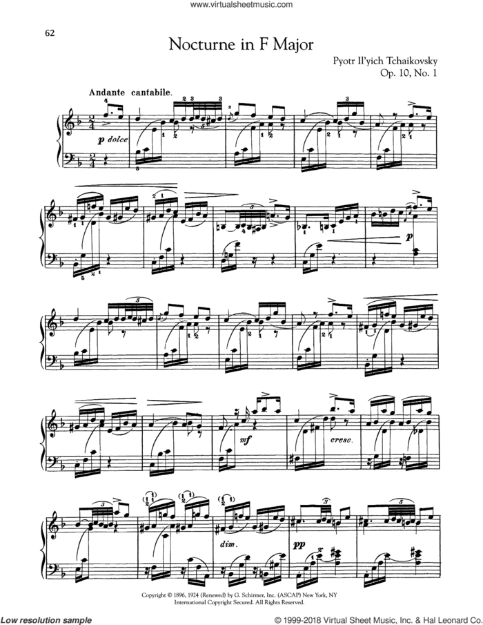 Nocturne, Op. 10, No. 1 sheet music for piano solo by Pyotr Ilyich Tchaikovsky, classical score, intermediate skill level
