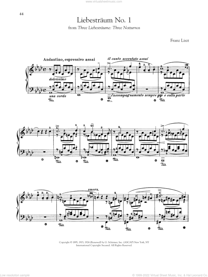 Liebestraum No. 1 In A-Flat Major sheet music for piano solo by Franz Liszt, classical score, intermediate skill level
