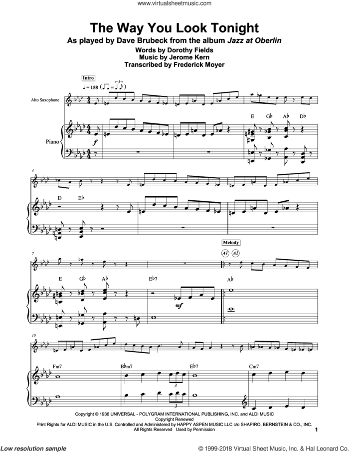 The Way You Look Tonight sheet music for piano solo (transcription) by Dorothy Fields, Frederick Moyer and Jerome Kern, wedding score, intermediate piano (transcription)