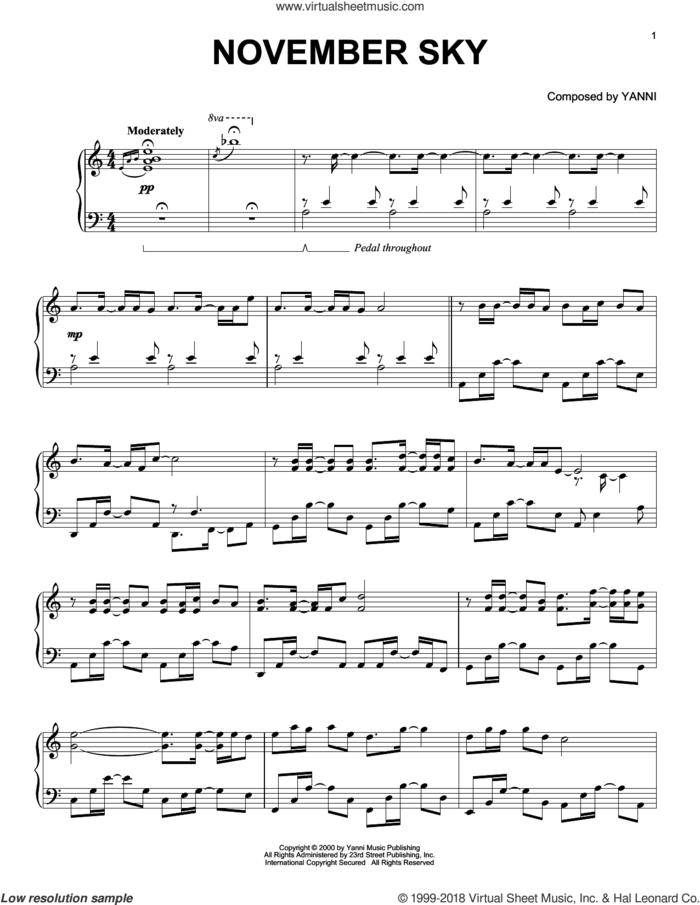 November Sky sheet music for piano solo by Yanni, intermediate skill level