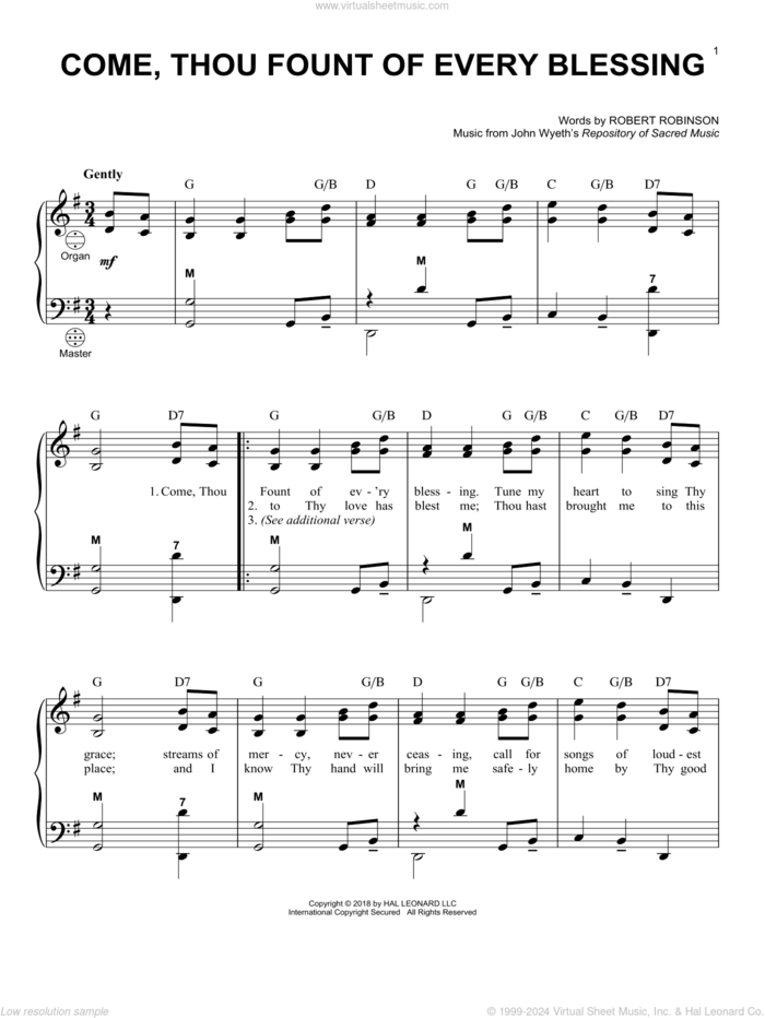 Come, Thou Fount Of Every Blessing sheet music for accordion by Robert Robinson, Gary Meisner and John Wyeth, intermediate skill level