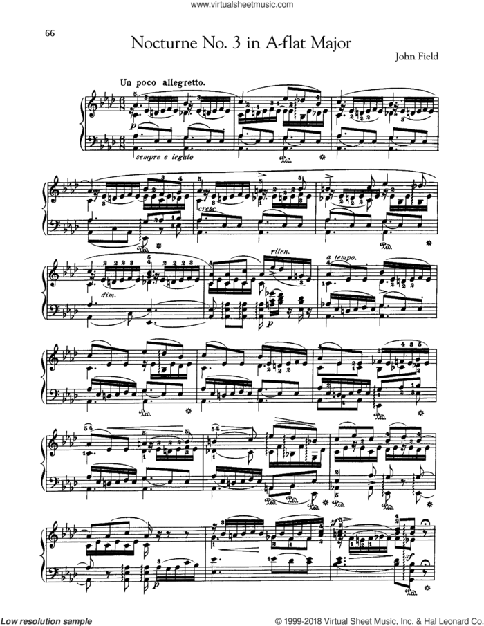Nocturne No. 3 In A-Flat Major, H. 26 sheet music for piano solo by John Field, classical score, intermediate skill level