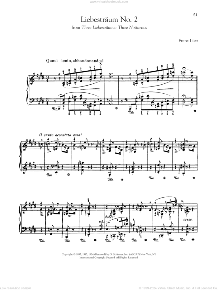 Liebestraum No. 2 In E-Flat Major sheet music for piano solo by Franz Liszt, classical score, intermediate skill level