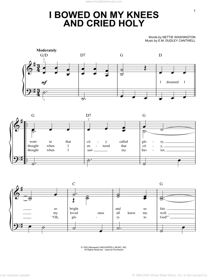 I Bowed On My Knees And Cried Holy, (easy) sheet music for piano solo by E.M. Dudley Cantwell and Nettie Dudley Washington, easy skill level
