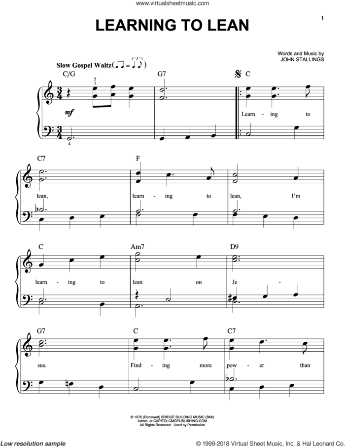Learning To Lean sheet music for piano solo by John Stallings, easy skill level