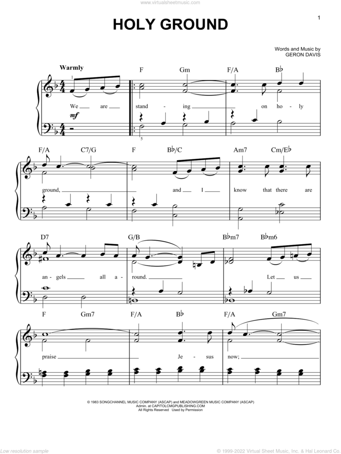 Holy Ground sheet music for piano solo by Geron Davis and Barbra Streisand, easy skill level
