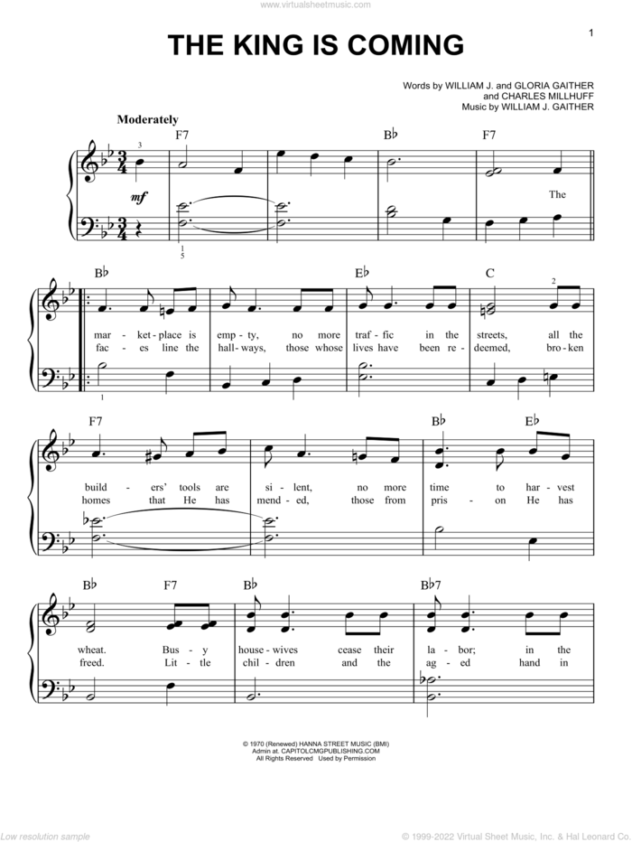 The King Is Coming sheet music for piano solo by Gloria Gaither, Charles Millhuff and William J. Gaither, easy skill level