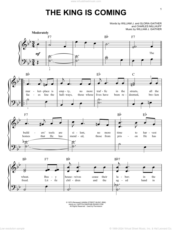 The King Is Coming sheet music for piano solo by Gloria Gaither, Charles Millhuff and William J. Gaither, easy skill level