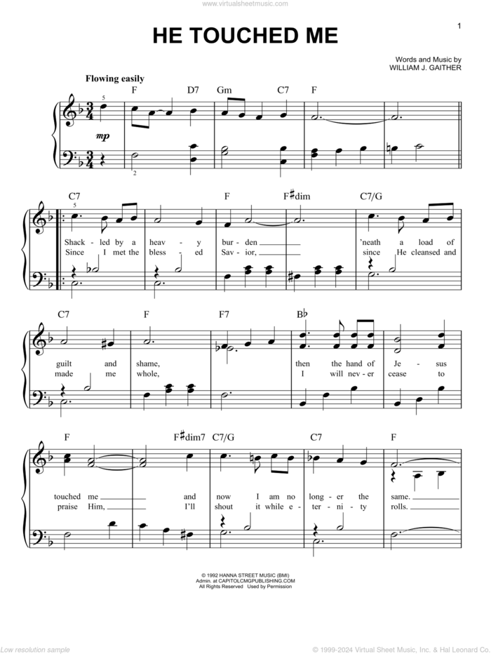 He Touched Me sheet music for piano solo by Gaither Vocal Band and William J. Gaither, easy skill level