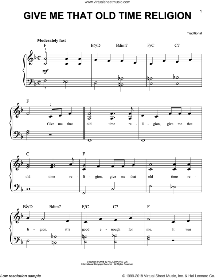 Give Me That Old Time Religion, (easy) sheet music for piano solo, easy skill level