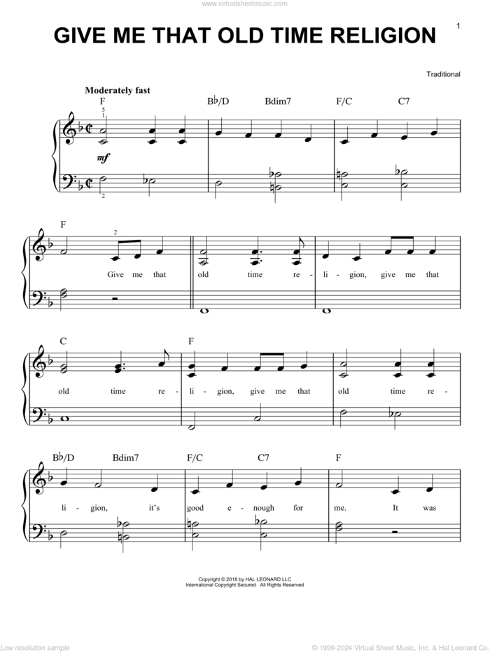 Give Me That Old Time Religion, (easy) sheet music for piano solo, easy skill level