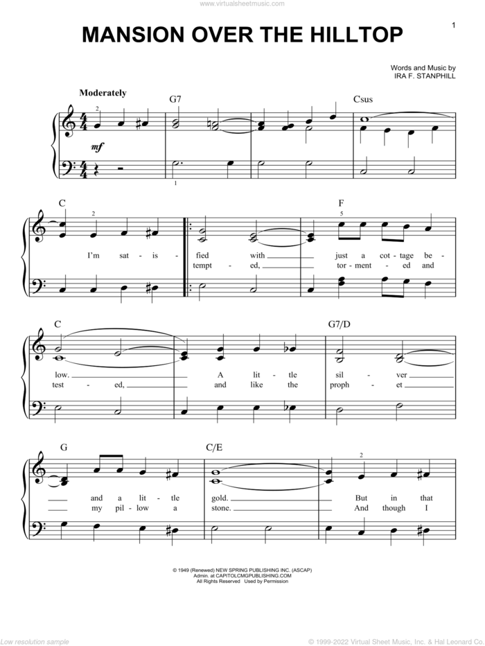 Stanphill Mansion Over The Hilltop Easy Sheet Music For Piano Solo