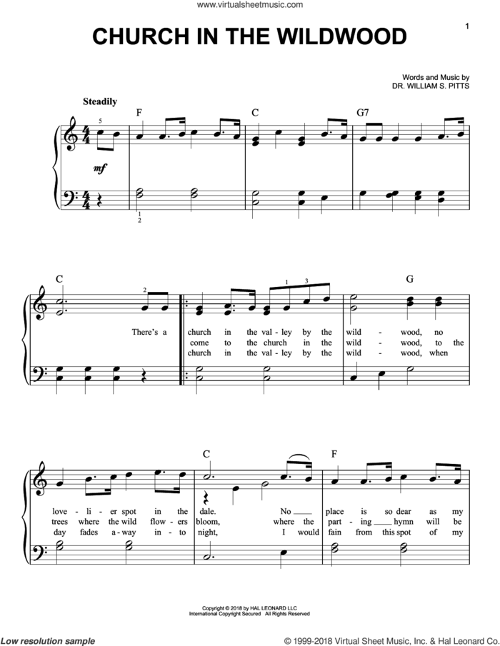 Church In The Wildwood sheet music for piano solo by Dr. William S. Pitts, easy skill level
