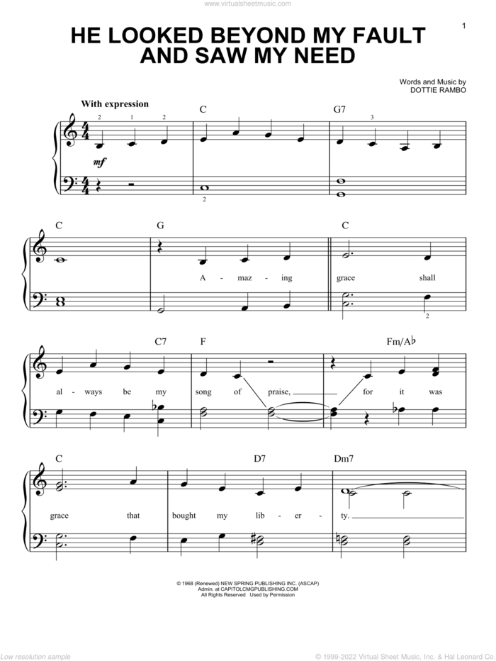 He Looked Beyond My Fault And Saw My Need, (easy) sheet music for piano solo by Dottie Rambo, easy skill level
