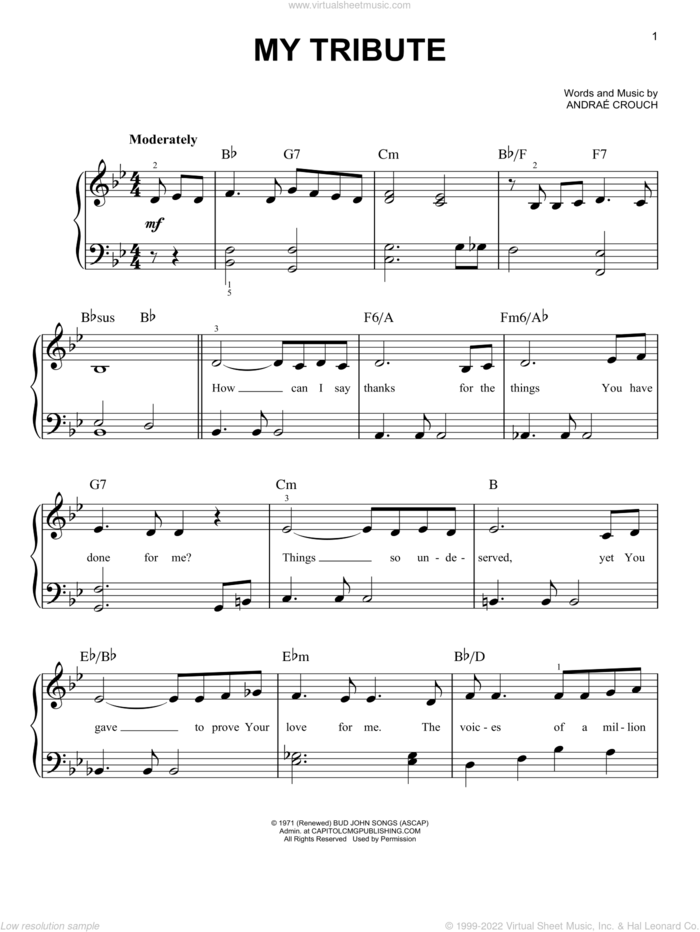 My Tribute, (easy) sheet music for piano solo by Andrae Crouch, easy skill level