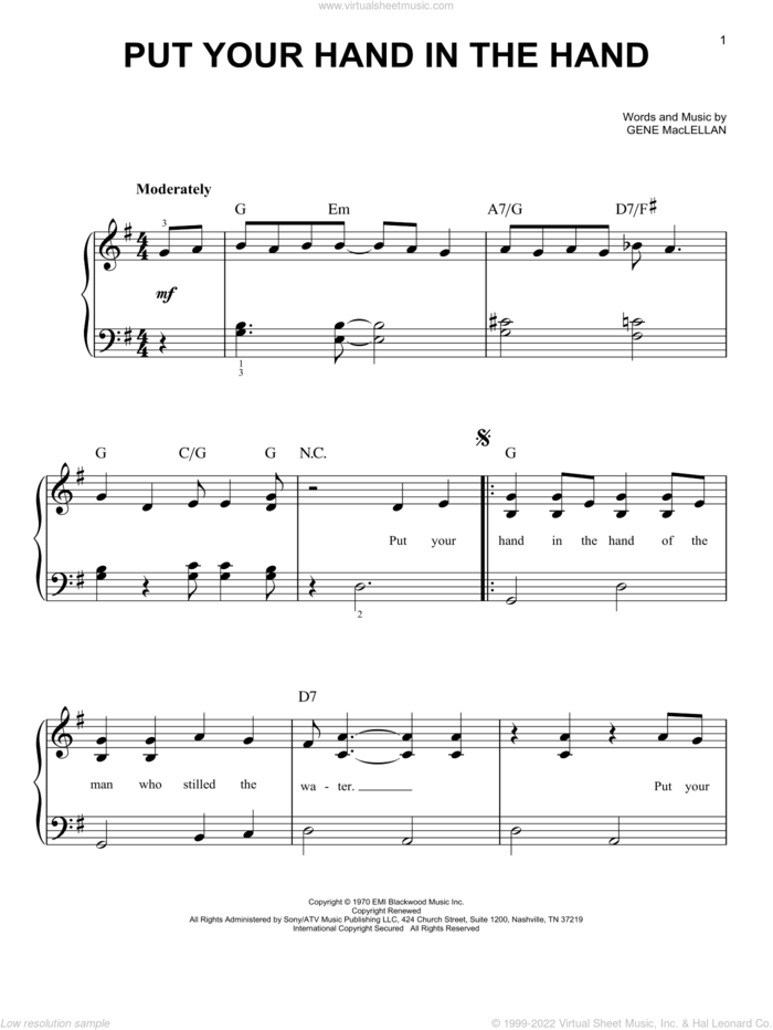 Put Your Hand In The Hand, (easy) sheet music for piano solo by Gene MacLellan, easy skill level