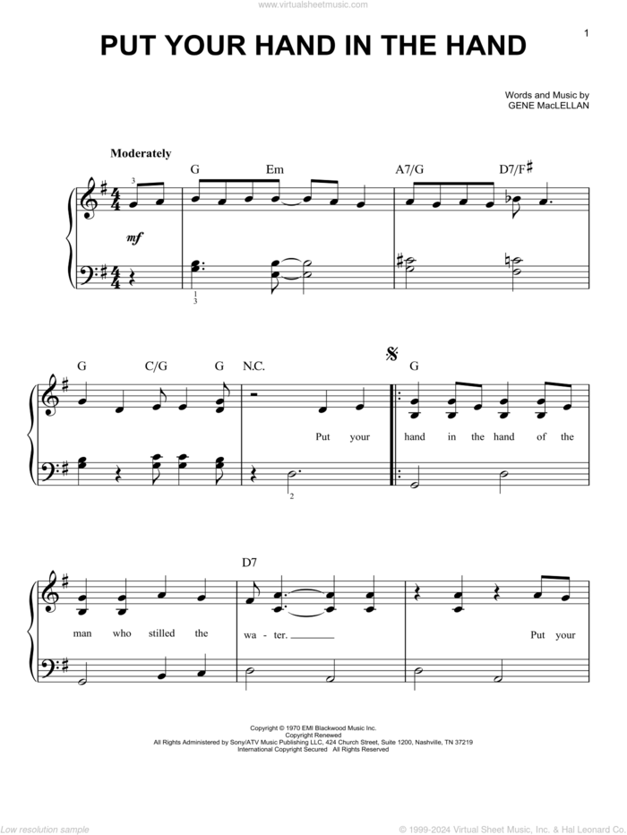 Put Your Hand In The Hand, (easy) sheet music for piano solo by Gene MacLellan, easy skill level