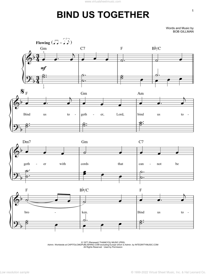 Bind Us Together sheet music for piano solo by Bob Gillman, easy skill level